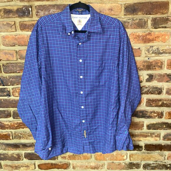 Tommy Hilfiger Blue Plaid Long Sleeve Button Down Shirt Men's Size 15.5 34-35 - Picture 1 of 5